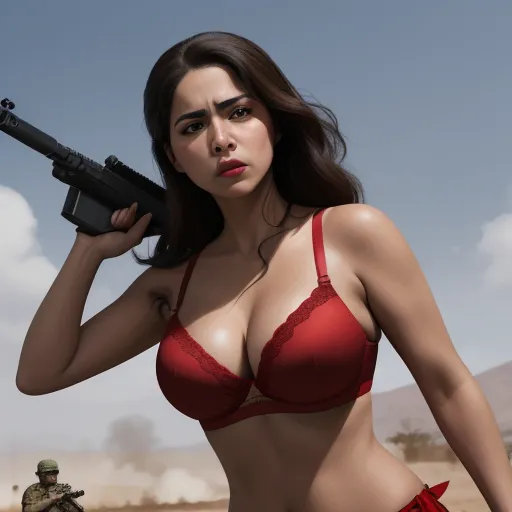 a woman in a bra top holding a gun in a desert area with a soldier in the background and a desert area in the background, by Hendrik van Steenwijk I
