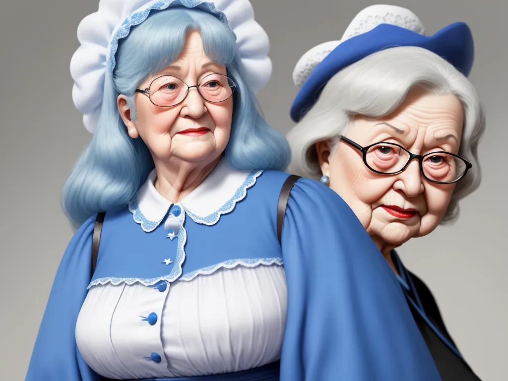 how to make a photo high resolution - a painting of two older women wearing blue and white outfits and hats, one of which is wearing a blue dress, by Shusei Nagaoko