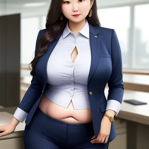 turn photo to 4k - a woman in a suit and pants posing for a picture in an office setting with a computer desk and a window, by Terada Katsuya