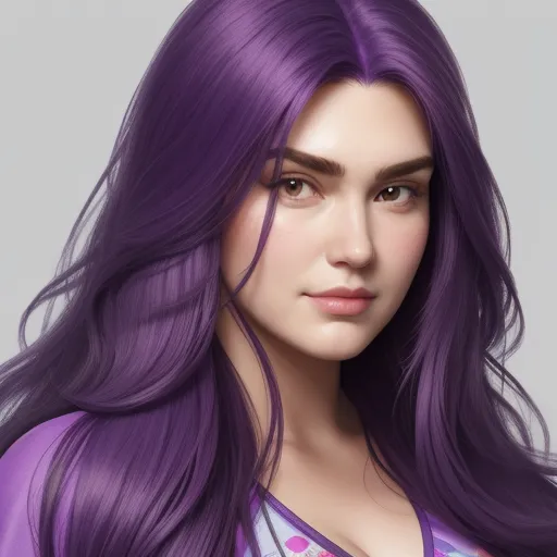 a woman with long purple hair and a polka dot shirt on her shirt is looking at the camera and has a smirk on her face, by Lois van Baarle