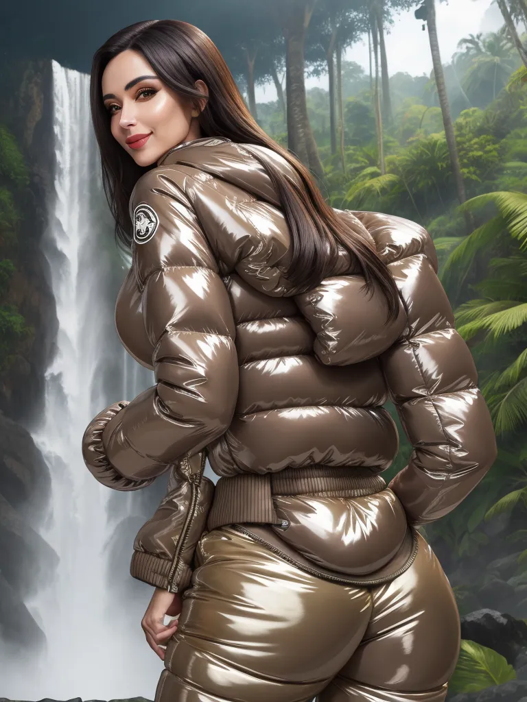 translate image online - a woman in a shiny jacket standing in front of a waterfall with a waterfall behind her and a forest behind her, by Terada Katsuya