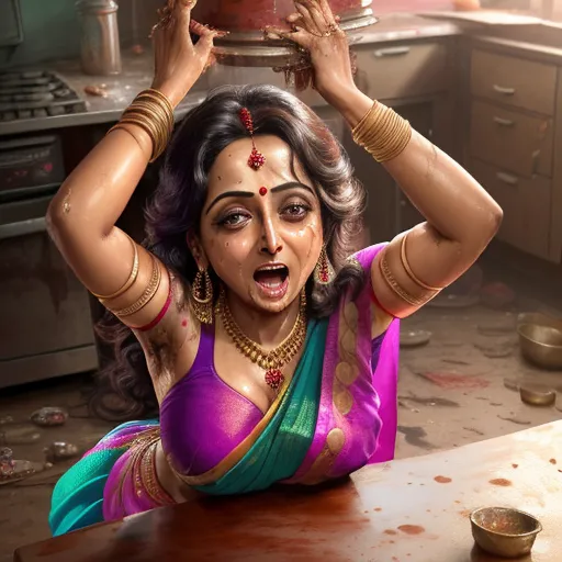 a woman in a sari sitting on the floor with her hands on her head and a pot on her head, by Raja Ravi Varma