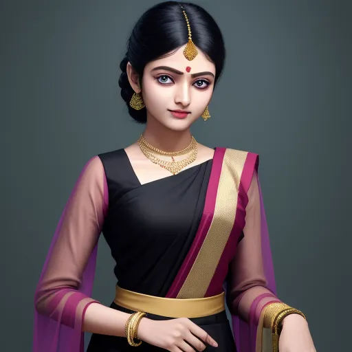 4k photos converter - a woman in a black and pink sari with gold jewelry and a necklace on her neck and shoulder, by Raja Ravi Varma