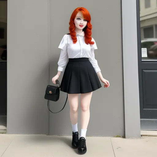 a woman with red hair is holding a purse and posing for a picture in front of a building with a gray wall, by Sailor Moon
