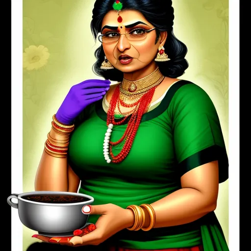 a woman holding a bowl of food in her hand and wearing a green shirt and purple gloves and a necklace, by Raja Ravi Varma