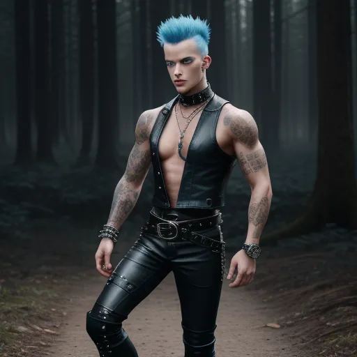 a man with blue hair and piercings standing in the woods wearing leather pants and a vest with a chain around his neck, by Hendrik van Steenwijk I