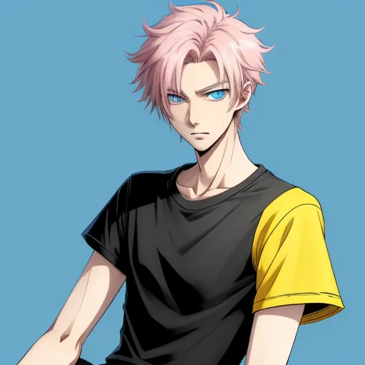 convert image to text ai - a man with pink hair and blue eyes sitting down with his hands on his hips and a black shirt on, by Hanabusa Itchō