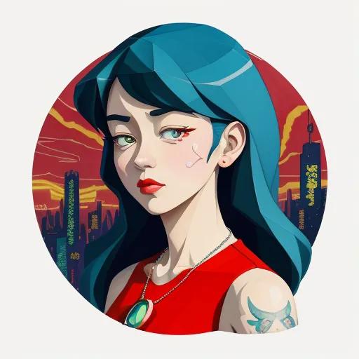 a woman with blue hair and a piercing on her ear in a circle with a city skyline in the background, by Lois van Baarle