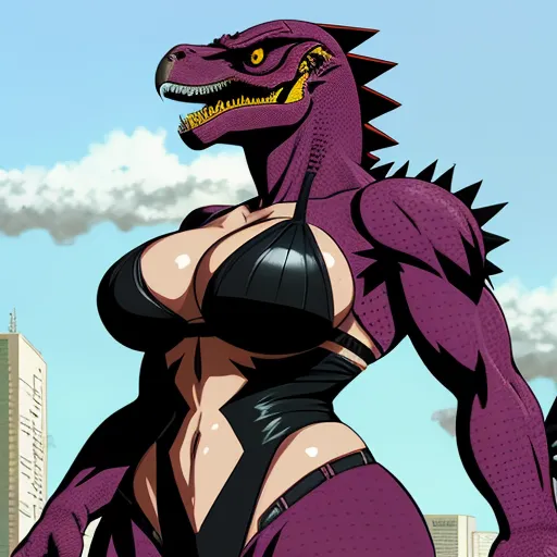 ai image generator from text online - a cartoon of a woman in a bra and a dragon costume standing in front of a city skyline with buildings, by Hiromu Arakawa
