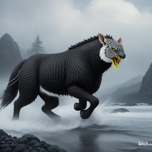 text to ai generated image - a black and white animal with a yellow beak running through water with mountains in the background and a cloudy sky, by Anton Semenov