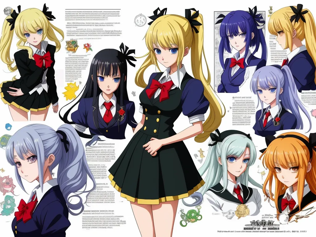 a group of anime girls with long hair and bows on their heads and in school uniforms, all wearing different outfits, by Toei Animations