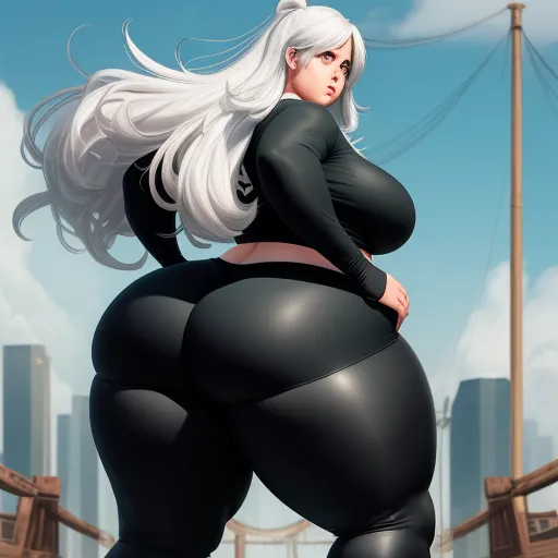 a cartoon of a woman in a black outfit with white hair and big butts standing in front of a bridge, by Rumiko Takahashi