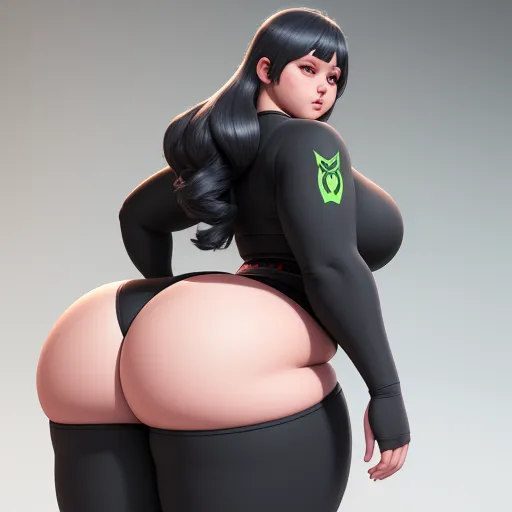 ai images generator - a cartoon picture of a woman with a big butt and a black top with green eyes and a green logo on her chest, by Akira Toriyama