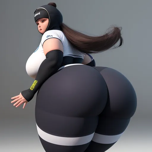free photo enhancer online - a woman in a tight black and white outfit with a big butt and a black hat on her head, by Gatōken Shunshi