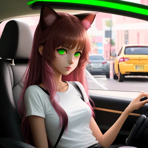 low quality - a woman with green eyes sitting in a car with a cat ears on her head and a cat tail on her head, by Sailor Moon