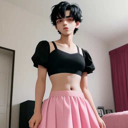 make picture higher resolution - a woman in a black top and pink skirt standing in a room with a pink bed and a pink bed spread, by Sailor Moon