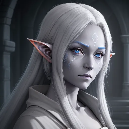 high res images - a woman with white hair and blue eyes with a white elf's head and nose painted with blue and white paint, by Daniela Uhlig