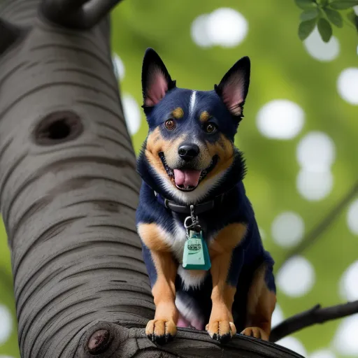 a dog sitting on a tree branch with a tag on it's collar and smiling at the camera, by Sydney Prior Hall