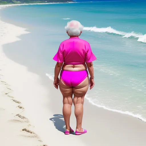 how to increase image resolution - a woman in a pink bikini walks along the beach with her back to the camera, with a man in a pink shirt and a pink hat, by Hendrik van Steenwijk I