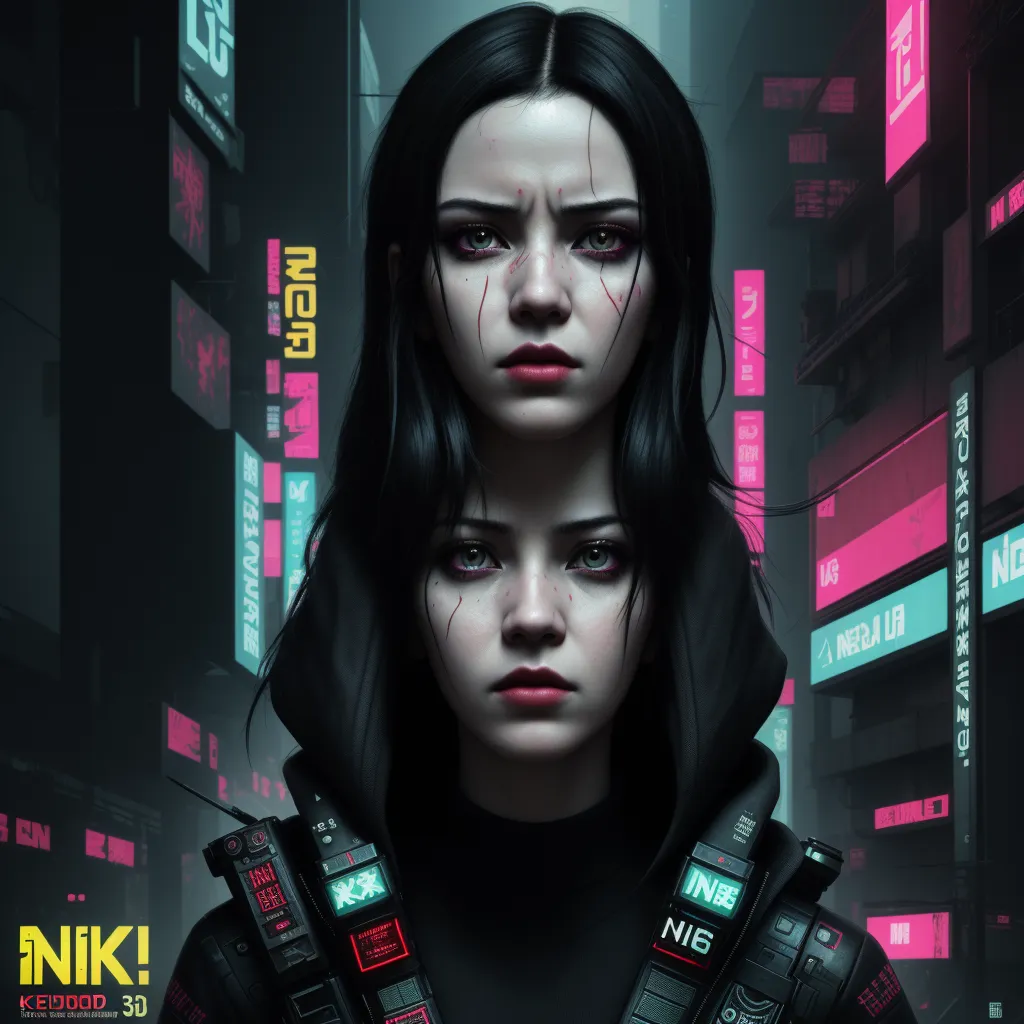 how to increase resolution of image - a couple of women standing next to each other in a city at night with neon signs on the buildings, by Lois van Baarle