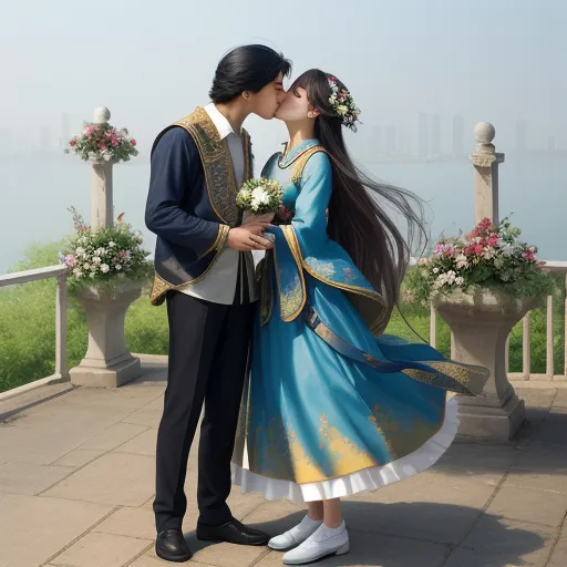 a man and woman kissing on a balcony overlooking the water and flowers in the foreground of a city, by Kent Monkman