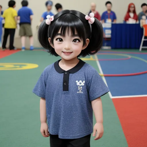 a young girl with black hair and a blue shirt on stands in a gymnasium with a group of children, by NHK Animation