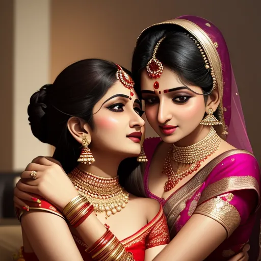 two women in indian attire hugging each other with their arms around each other, both wearing jewelry and a veil, by Raja Ravi Varma