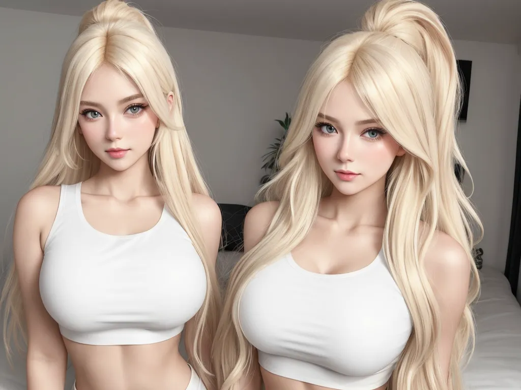 4k ultra hd photo converter - a woman with blonde hair wearing a white bra top and panties on a bed with a white wall behind her, by Akira Toriyama