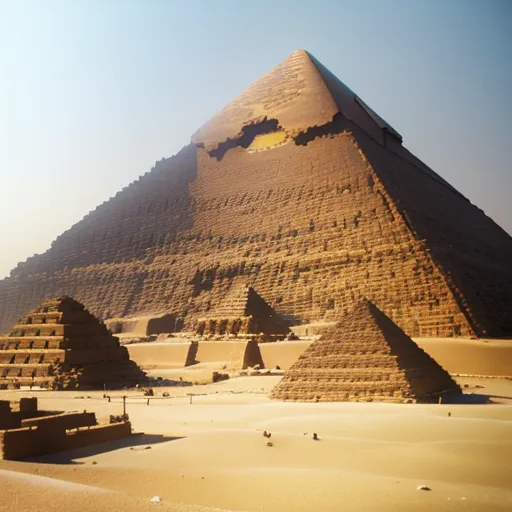 best online ai image generator - a large pyramid with a few people standing around it in the desert near other pyramids and sand dunes, by John Martin
