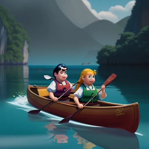 a couple of people riding in a boat on a lake with mountains in the background and a boat in the foreground, by Hanna-Barbera