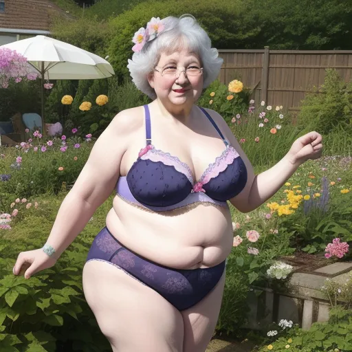 a woman in a purple bra and panties standing in a garden with flowers and a white umbrella in the background, by Gregory Crewdson