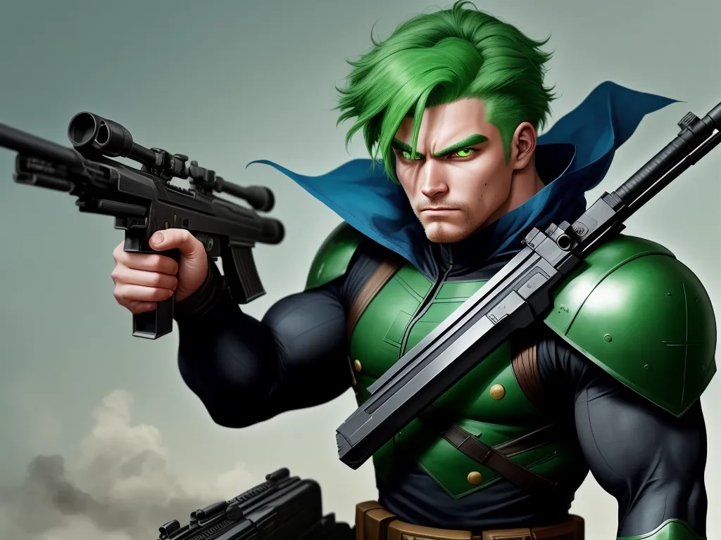 best online ai image generator - a man with green hair holding a gun and a gun in his hand and a gun in his other hand, by theCHAMBA