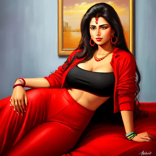 a painting of a woman in a red outfit sitting on a bed with a painting of a city in the background, by Raja Ravi Varma