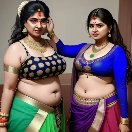 ai image maker - two women in sari are posing for a picture together, one of them is holding her hand on her head, by Raja Ravi Varma