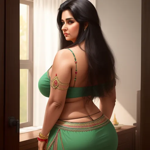 ai image generator text - a woman in a green dress looking out a window with her back turned to the camera and her long hair in a ponytail, by Raja Ravi Varma