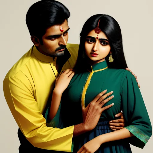 a man and woman are dressed in traditional indian clothing and posing for a picture together, with a yellow shirt on, by Raja Ravi Varma