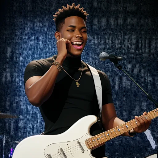 a man with a guitar and a microphone in front of him smiling and talking on a cell phone while holding a guitar, by Corneille