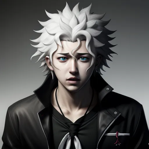 a man with white hair and blue eyes wearing a black jacket and tie with a black shirt and black jacket, by Hirohiko Araki