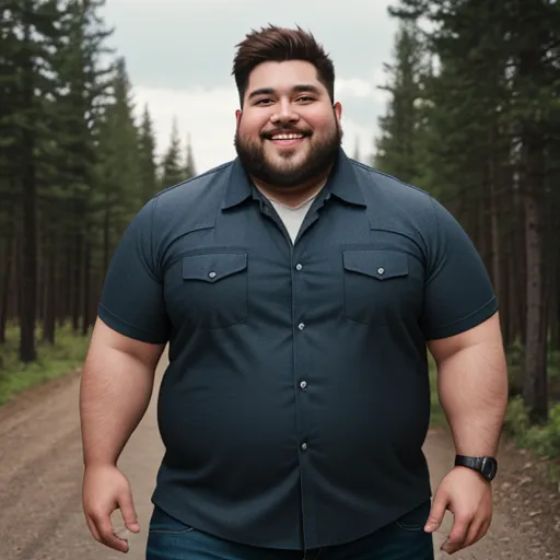 ai generated images free - a man with a beard and a blue shirt is standing in the middle of a dirt road in front of a forest, by Dan Smith