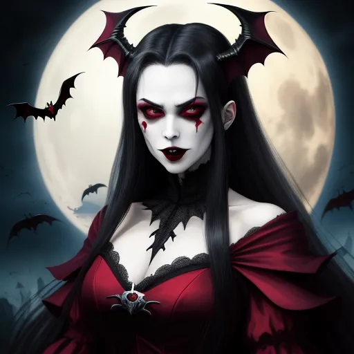 a woman with long black hair and red makeup wearing a vampire costume with bats on her head and a full moon behind her, by Heinrich Danioth