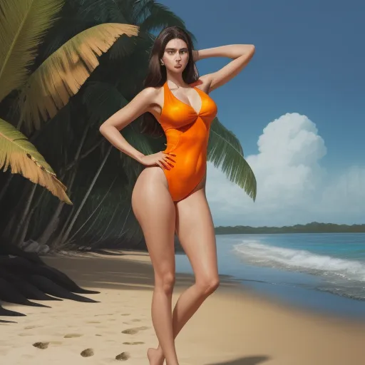 text to ai image generator - a woman in a swimsuit standing on a beach next to a palm tree and ocean with a blue sky, by Hendrik van Steenwijk I