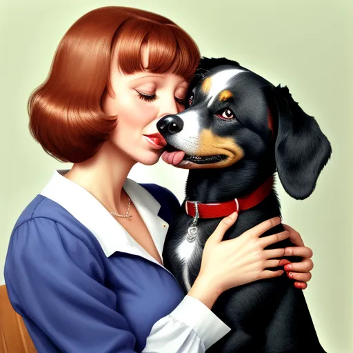 a woman kissing a dog with her tongue out and a dog on her lap is next to her face, by Edith Lawrence