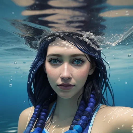 a woman with blue hair and a necklace under water with bubbles on her head and a blue necklace on her neck, by Edmond Xavier Kapp