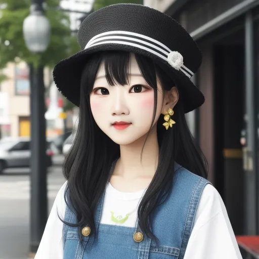 a woman with long black hair wearing a hat and overalls and a white shirt and a black hat, by Chen Daofu