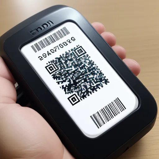 a person holding a cell phone with a qr code on it's screen and a barcode on the screen, by Toei Animations