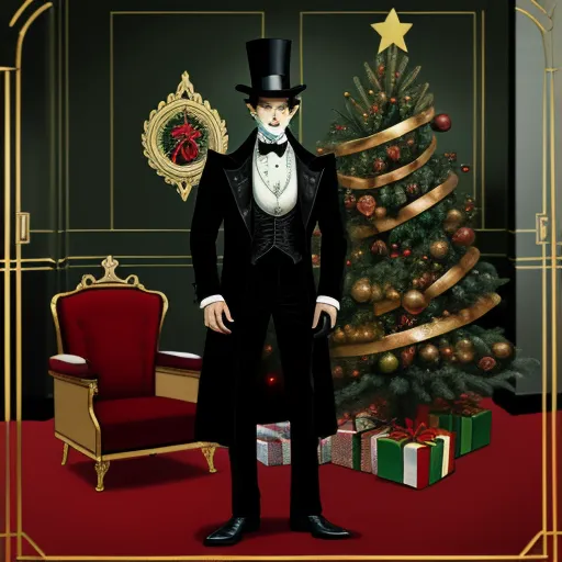 ai image genorator - a man in a tuxedo standing in front of a christmas tree with presents under it and a christmas tree in the background, by Hanna-Barbera