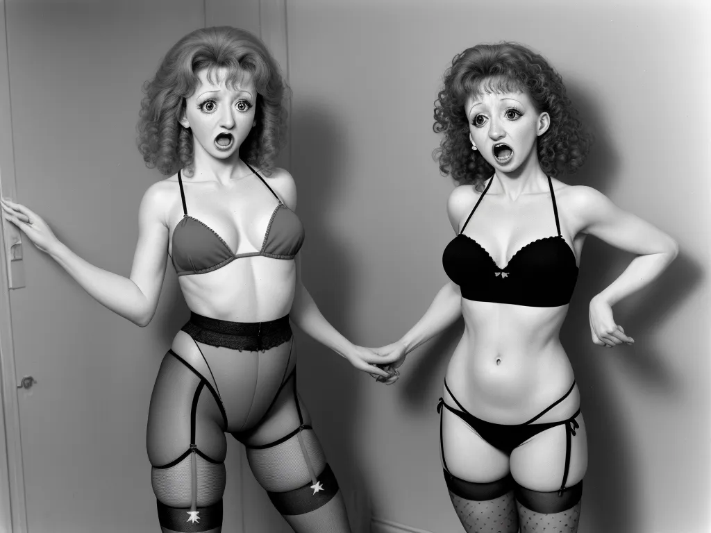 free online ai image generator from text - two women in lingerie posing for a picture together in a bathroom mirror with a mirror behind them and a door behind them, by Laurie Lipton