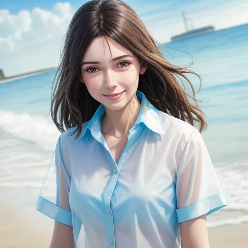 4k picture converter free - a woman standing on a beach next to the ocean with a boat in the background and a blue sky, by Chen Daofu