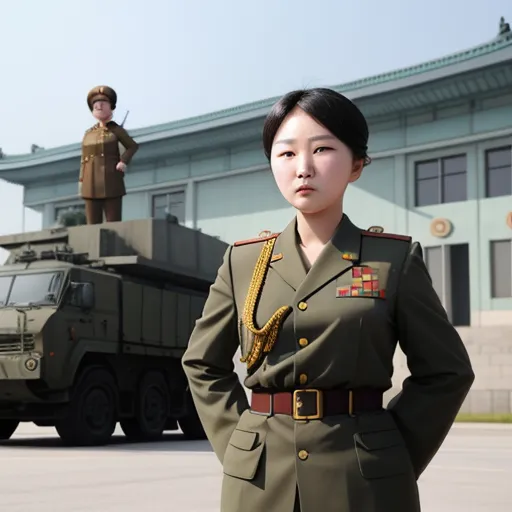 free high resolution images - a woman in a military uniform standing in front of a military vehicle and a man in a uniform standing on top of a military vehicle, by Chen Daofu