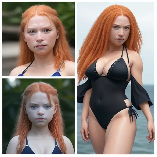 high quality photos online - a woman with red hair and a black swimsuit with a freckled top and a bikini with a bow, by Terada Katsuya